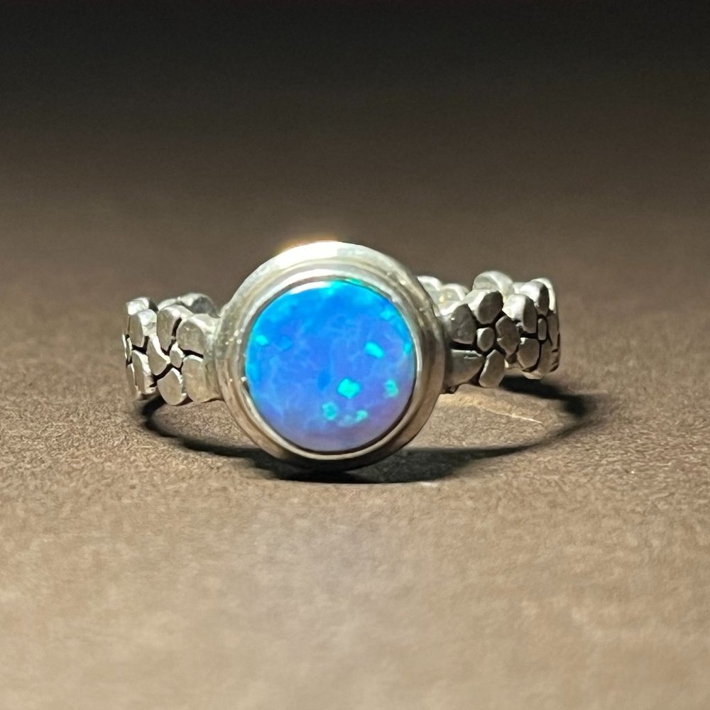 Estate 90s Sterling Silver Blue Opal Flower Ring
